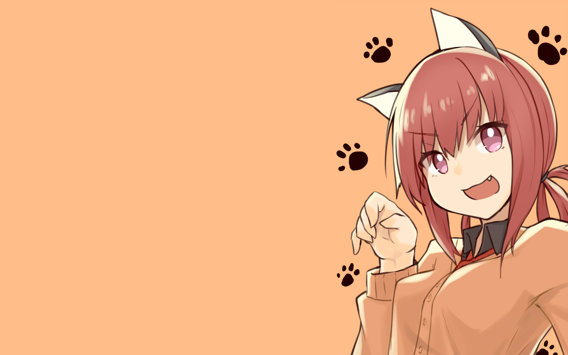 HD anime desktop wallpaper featuring Satanichia Kurumizawa McDowell from Gabriel DropOut, with a playful pose and paw prints on a peach background.