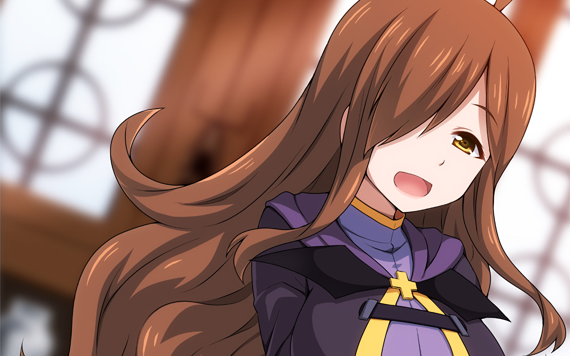 HD PC desktop wallpaper featuring a smiling female character from the anime KonoSuba - God’s blessing on this wonderful world!! with flowing brown hair and a purple outfit.