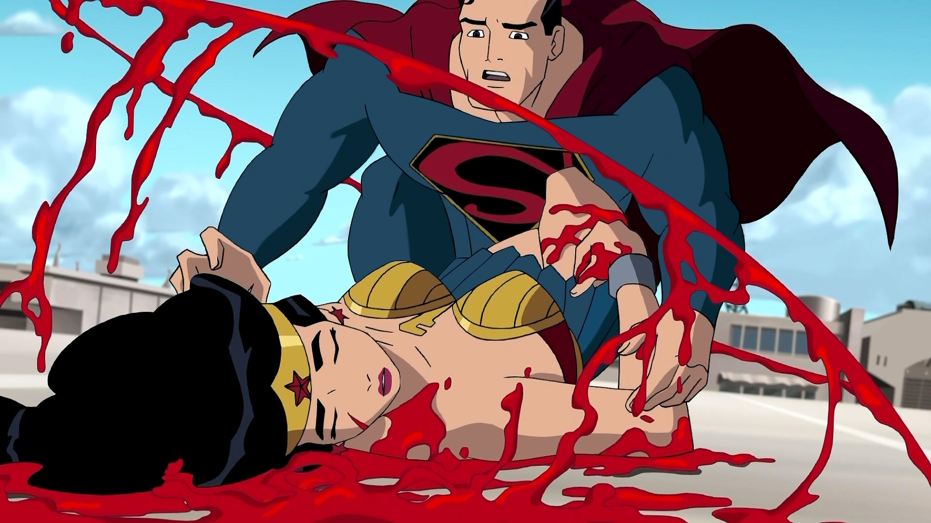 HD PC desktop wallpaper of Superman cradling a severely wounded, bloodied Wonder Woman in a dramatic scene from the movie Justice League: The New Frontier.