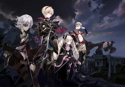 HD PC wallpaper featuring Odin, Niles, Owain, Leo, and Elise from the video game Fire Emblem Fates, set against a dark, stormy backdrop with a castle in view.