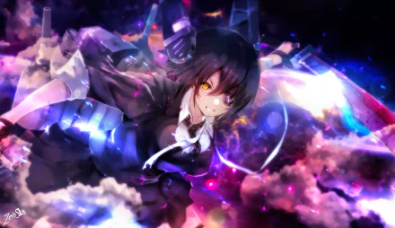 Tenryuu (Kancolle) anime illustration from Kantai Collection — dark-haired ship girl with glowing yellow eyes amid vibrant cosmic clouds; HD PC desktop wallpaper/background.