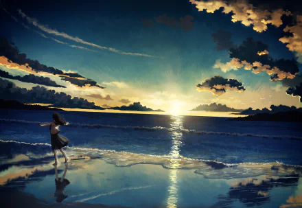 HD desktop wallpaper of an original anime scene featuring a girl running along a serene beach at sunrise, with reflections of colorful clouds and waves in the water.