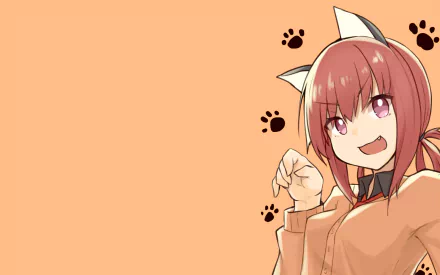 HD anime desktop wallpaper featuring Satanichia Kurumizawa McDowell from Gabriel DropOut, with a playful pose and paw prints on a peach background.