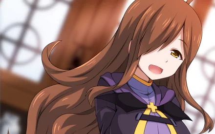 HD PC desktop wallpaper featuring a smiling female character from the anime KonoSuba - God’s blessing on this wonderful world!! with flowing brown hair and a purple outfit.