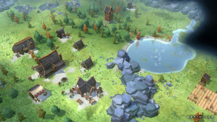 HD wallpaper of a Northgard game scene with Viking buildings, lush forests, and a serene lake.