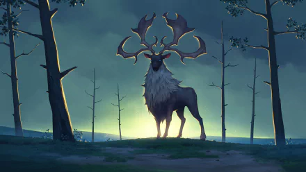 HD Northgard game wallpaper featuring a majestic stag with luminous antlers against a twilight forest backdrop.