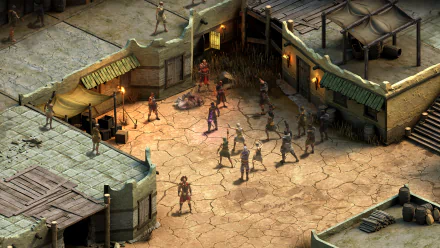 HD desktop wallpaper of a scene from the game 'Tyranny' featuring characters in a sunlit, medieval village square.