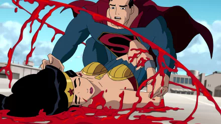 HD PC desktop wallpaper of Superman cradling a severely wounded, bloodied Wonder Woman in a dramatic scene from the movie Justice League: The New Frontier.