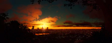 Sunlit orange sunset over a sprawling city skyline from the video game Mafia III — dramatic 5K Ultra HD PC desktop wallpaper/background.