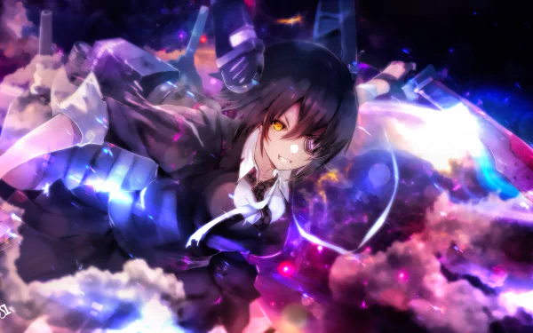 Tenryuu (Kancolle) anime illustration from Kantai Collection — dark-haired ship girl with glowing yellow eyes amid vibrant cosmic clouds; HD PC desktop wallpaper/background.