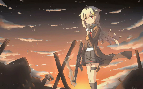 HD anime wallpaper featuring Yuudachi from Kantai Collection standing against a dramatic sunset sky with scattered debris and silhouetted structures in the background.