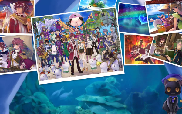 HD PC desktop wallpaper of Chocomaru and ensemble from Other Age: Second Encounter — colorful video game montage with group portrait, underwater blue background and smaller scene polaroids.