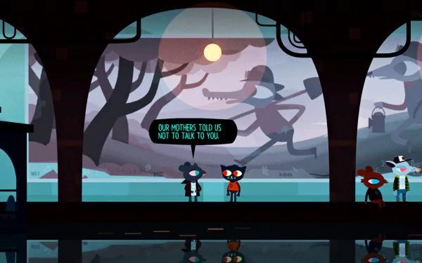 HD desktop wallpaper from Night in the Woods featuring characters in a forest at dusk with a dialogue box saying OUR MOTHERS TOLD US NOT TO TALK TO YOU.