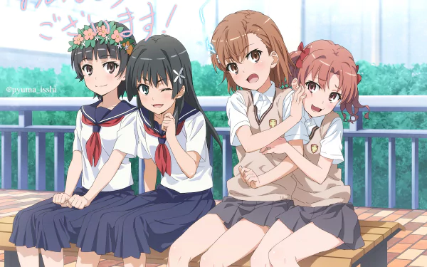 Four girls with short brown hair and brown eyes wearing school uniform skirts from the anime A Certain Scientific Railgun, including Kazari Uiharu, Kuroko Shirai, Ruiko Saten, and Mikoto Misaka.