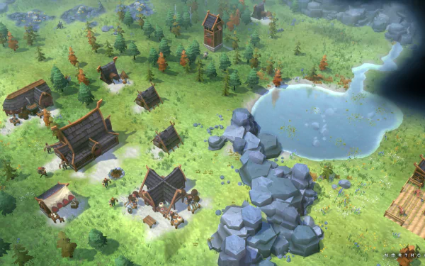 HD wallpaper of a Northgard game scene with Viking buildings, lush forests, and a serene lake.