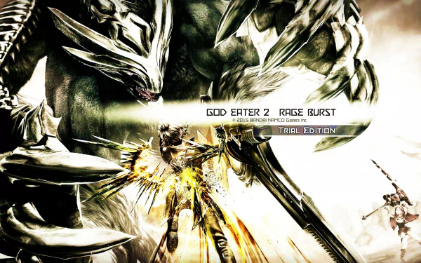 HD wallpaper featuring dynamic artwork from God Eater 2 Rage Burst, showcasing characters in battle.