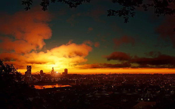 Sunlit orange sunset over a sprawling city skyline from the video game Mafia III — dramatic 5K Ultra HD PC desktop wallpaper/background.