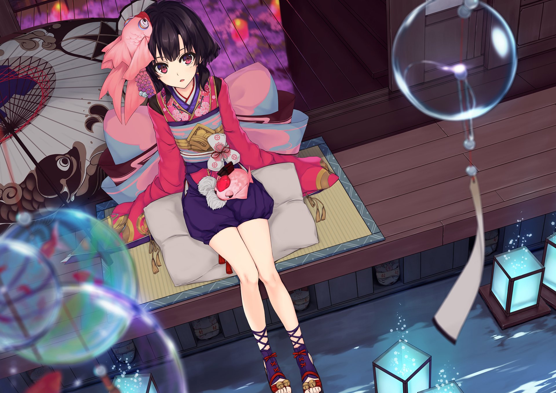 HD PC desktop wallpaper featuring an original Onmyoji anime character in traditional attire, seated with vibrant colors and delicate lighting effects.