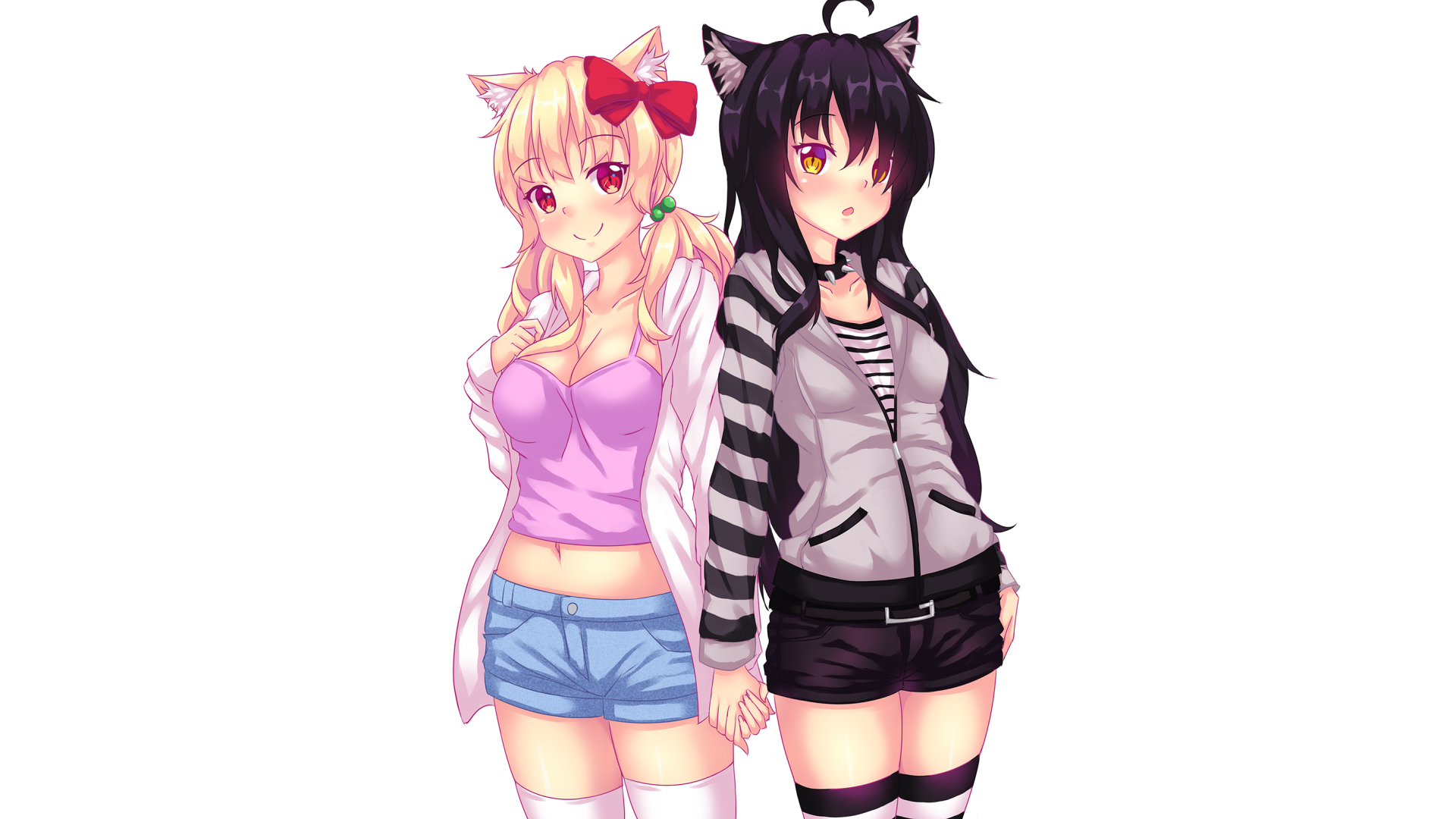 HD PC desktop wallpaper featuring two original anime-style girls with cat ears, one with blonde hair and the other with black hair, standing side by side on a white background.
