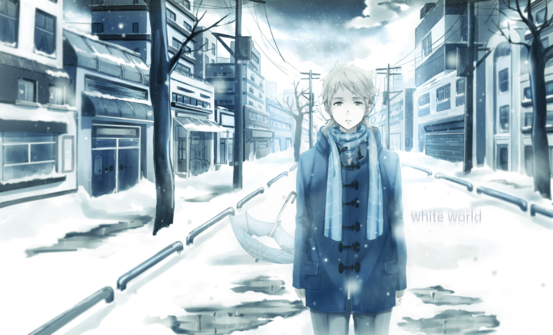 HD PC desktop wallpaper featuring Akihito Kanbara from the anime Beyond the Boundary, standing in a snowy, serene urban street scene.