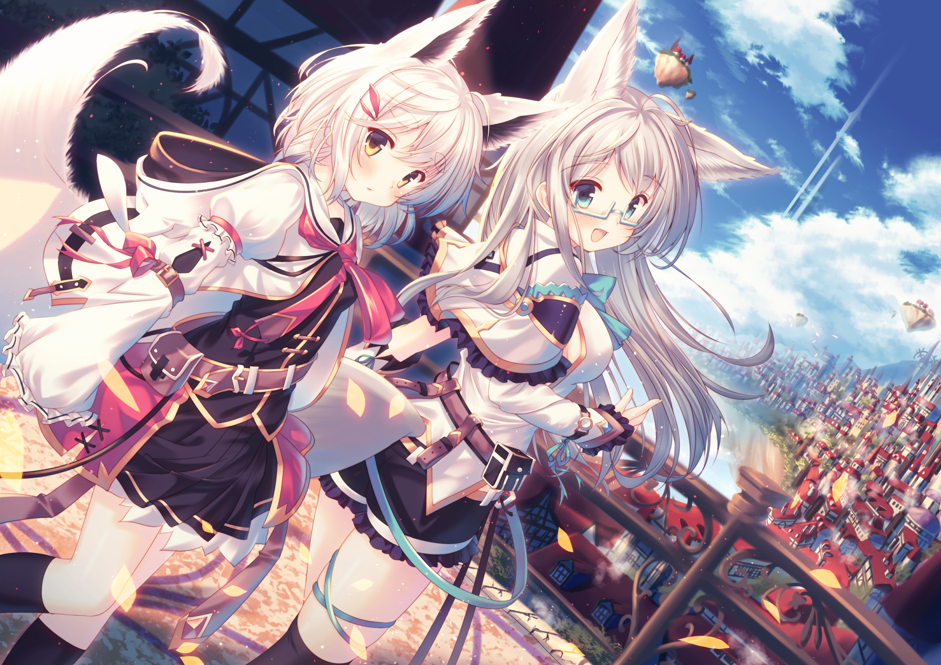 Anime original artwork featuring two characters with animal ears and tails, set against a vibrant backdrop. This HD desktop wallpaper showcases intricate details and vivid colors.