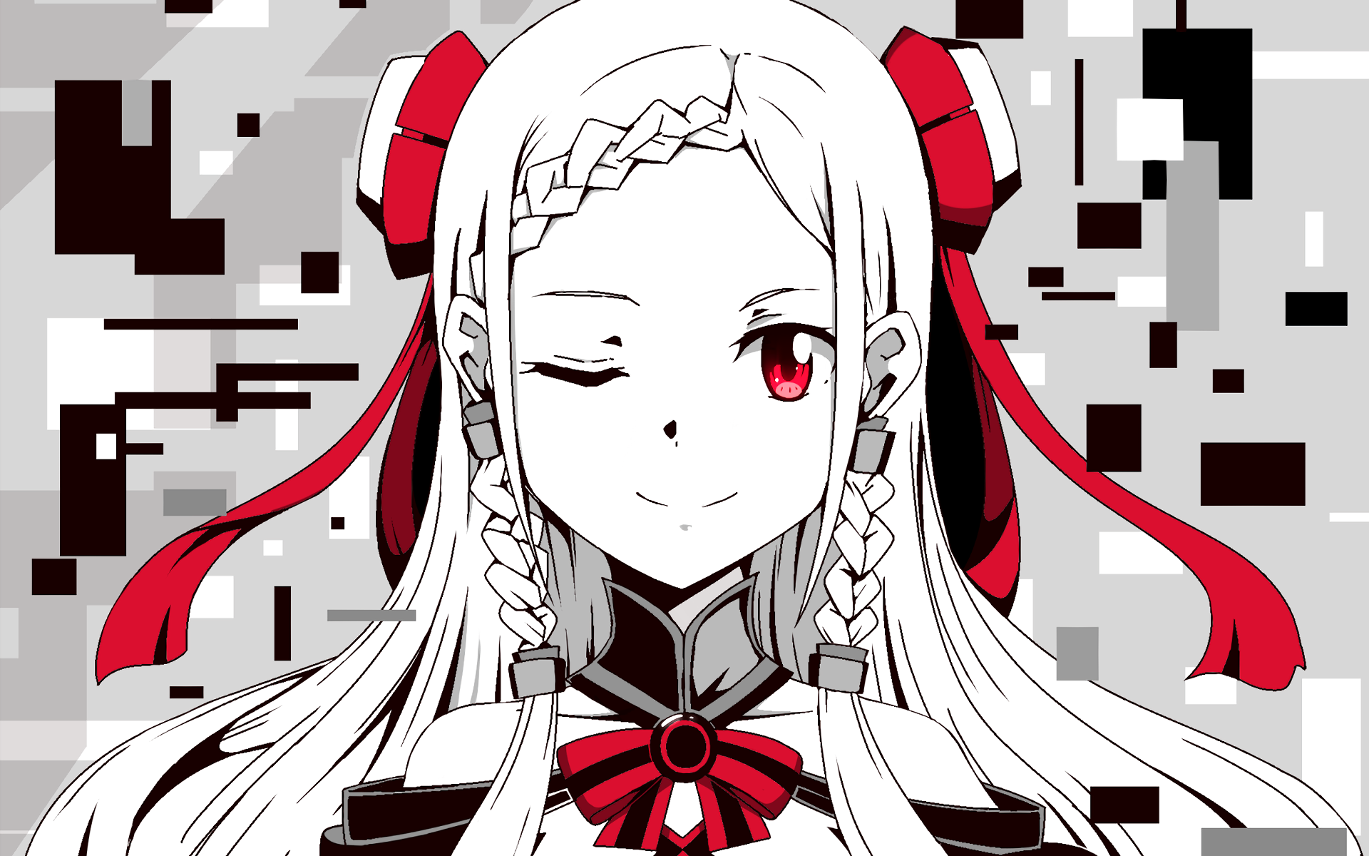HD PC desktop wallpaper featuring a white-haired anime girl with red eyes and ribbons from Sword Art Online Movie: Ordinal Scale in a stylized digital background.