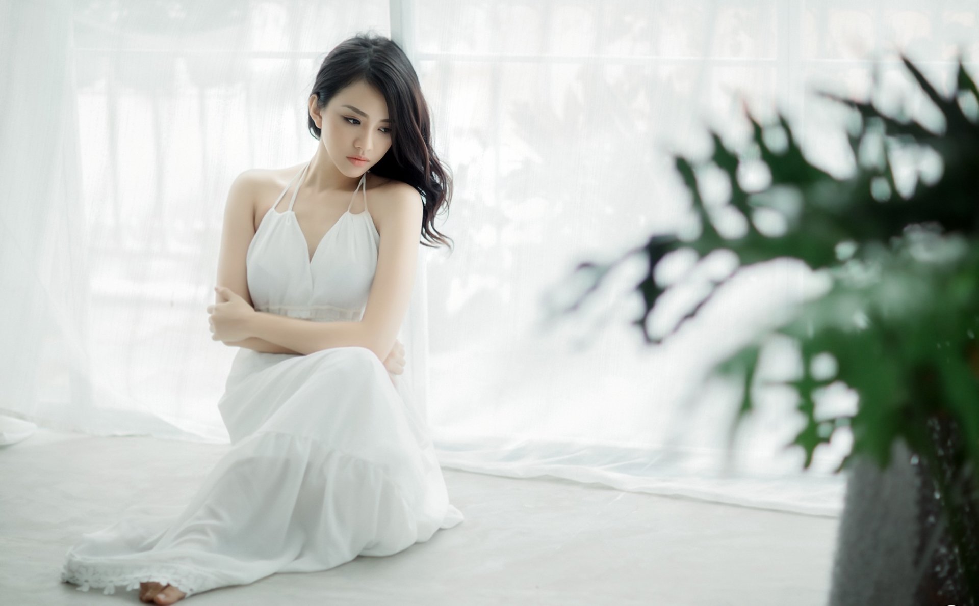 HD wallpaper featuring an Asian woman with brown eyes and brunette hair, wearing a white dress, sitting pensively by a window. A plant adds to the serene atmosphere.
