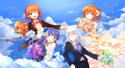 HD PC desktop wallpaper featuring Inazuma, Ikazuchi, Hibiki, and Akatsuki from Kantai Collection, dressed in elegant bridal and formal attire against a bright blue sky.