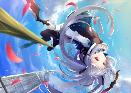 HD desktop wallpaper featuring Julie Sigtuna from the anime Absolute Duo. She is airborne with long silver hair, against a vibrant sky with petals drifting around her.