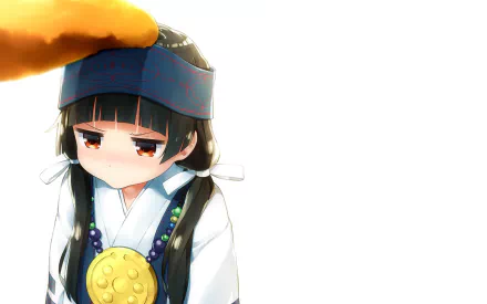 Machi Amayadori from Kuma Miko: Girl Meets Bear — anime HD desktop wallpaper of a small shrine maiden with braids, headband and gold amulet on a white background.