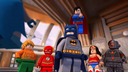 Lego movie-style HD desktop wallpaper of Batman, Superman, Wonder Woman, Flash, Aquaman and Cyborg posing together from Lego DC Comics: Batman Be-Leaguered