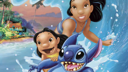 HD desktop wallpaper featuring Lilo and Stitch joyfully surfing waves, capturing the vibrant spirit of the Lilo & Stitch movie.
