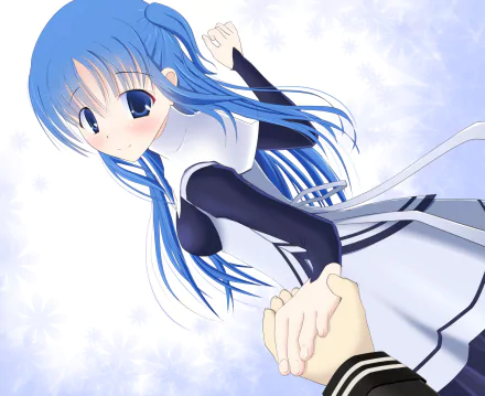 HD desktop wallpaper and background featuring Chtholly Nota Seniorious from the anime SukaSuka, with blue hair and eyes, holding a hand with a gentle expression.