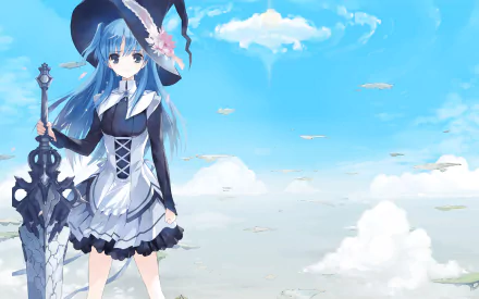 HD wallpaper featuring Chtholly Nota Seniorious from the anime SukaSuka. She is standing against a bright blue sky with floating islands, holding a large sword and wearing a black and white dress with a hat.