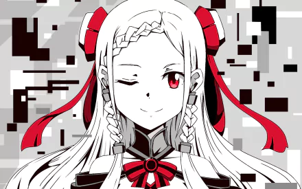 HD PC desktop wallpaper featuring a white-haired anime girl with red eyes and ribbons from Sword Art Online Movie: Ordinal Scale in a stylized digital background.
