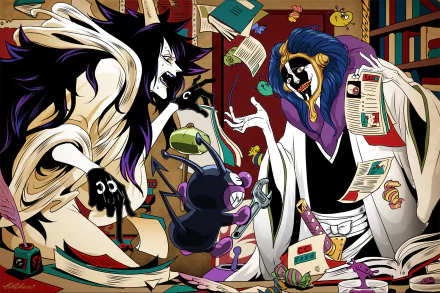 HD PC wallpaper featuring a crossover of anime characters Baikinman from Go! Anpanman, Caesar Clown from One Piece, and Mayuri Kurotsuchi from Bleach in a dynamic scene.