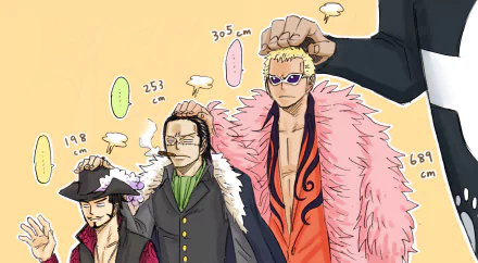 HD desktop wallpaper featuring the anime characters Dracule Mihawk, Donquixote Doflamingo, and other Shichibukai from One Piece, showcasing their varying heights in a humorous comparison.