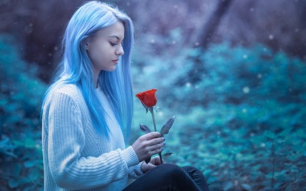 Women Mood Model Blue Hair Red Rose HD Wallpaper | Background Image