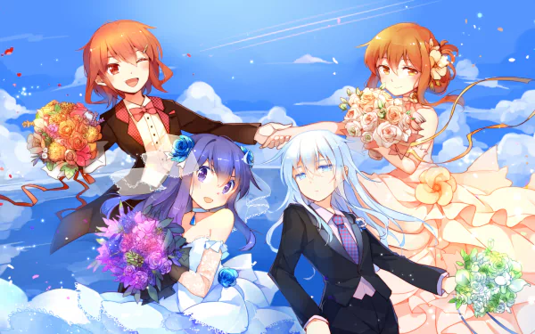 HD PC desktop wallpaper featuring Inazuma, Ikazuchi, Hibiki, and Akatsuki from Kantai Collection, dressed in elegant bridal and formal attire against a bright blue sky.