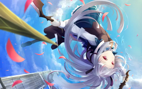HD desktop wallpaper featuring Julie Sigtuna from the anime Absolute Duo. She is airborne with long silver hair, against a vibrant sky with petals drifting around her.