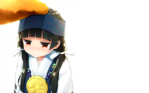 Machi Amayadori from Kuma Miko: Girl Meets Bear — anime HD desktop wallpaper of a small shrine maiden with braids, headband and gold amulet on a white background.