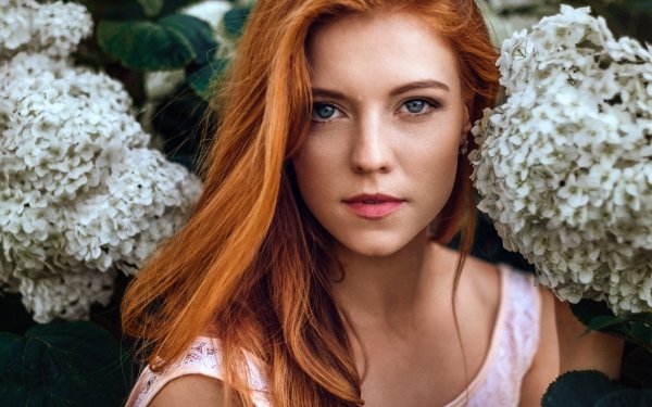 Women Model Redhead Blue Eyes Face White Flower HD Wallpaper | Background Image