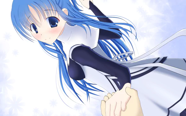 HD desktop wallpaper and background featuring Chtholly Nota Seniorious from the anime SukaSuka, with blue hair and eyes, holding a hand with a gentle expression.