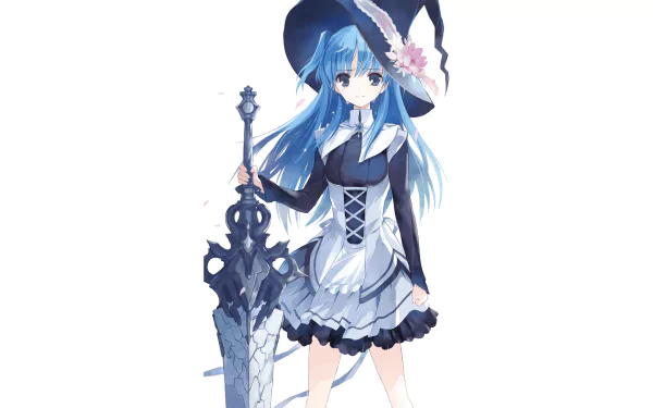 HD desktop wallpaper featuring Chtholly Nota Seniorious from the anime SukaSuka, showing the character in a detailed outfit and posing with a large sword against a plain white background.