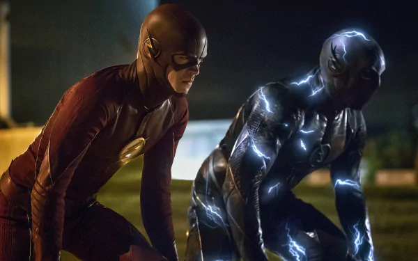 HD wallpaper featuring Barry Allen as The Flash and Zoom from the 2014 TV show The Flash, portrayed by Grant Gustin and Teddy Sears, respectively, ready to race.