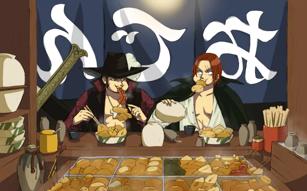HD wallpaper featuring Shanks and Dracule Mihawk from One Piece, enjoying a meal together at a food stall. The image captures a lively anime scene with vibrant colors and detailed artwork.