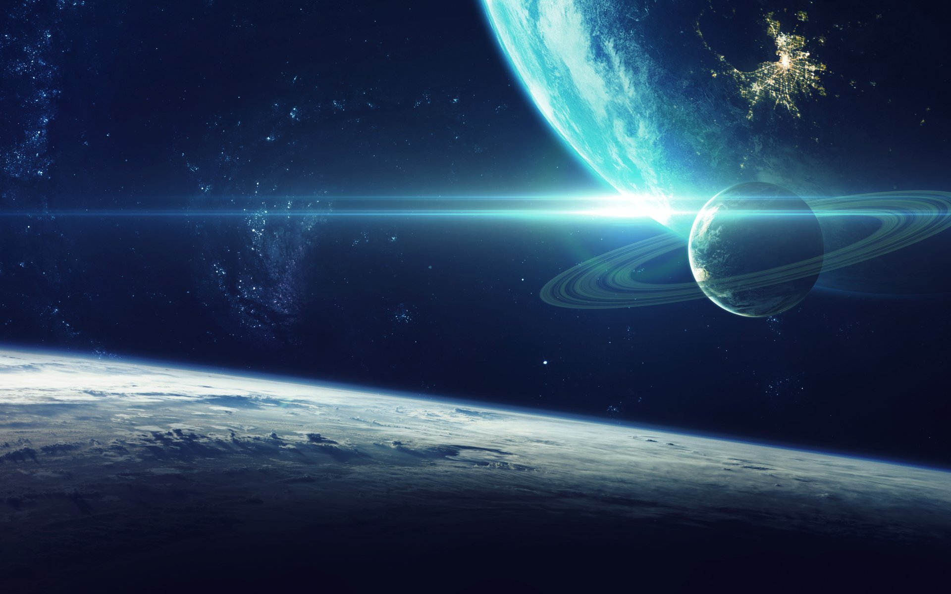 A stunning 4K Ultra HD sci-fi wallpaper featuring a vibrant planet with a planetary ring, set against a cosmic backdrop that includes Earth and distant celestial bodies.