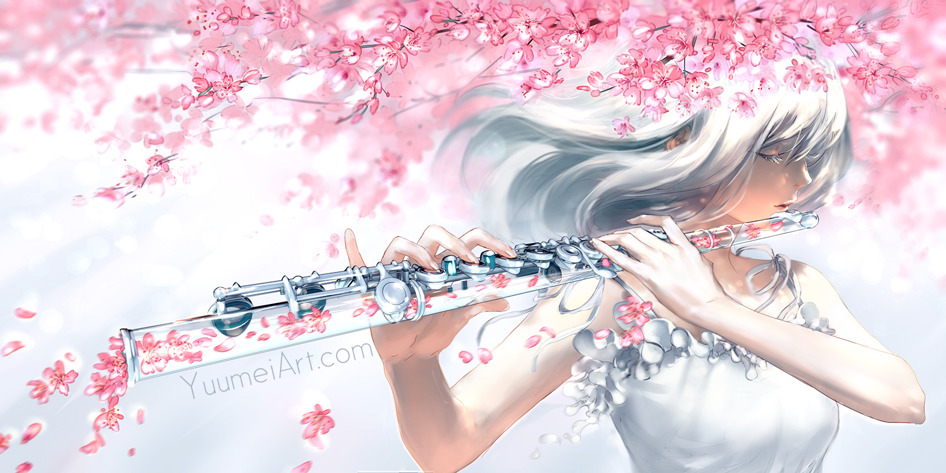 A beautiful, high-definition anime wallpaper featuring an original artwork of a girl playing the flute under cherry blossoms. The serene and artistic image makes for an enchanting background.