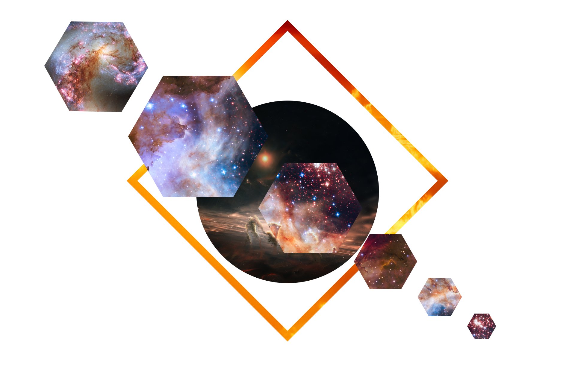 Abstract polyscape design featuring hexagonal shapes filled with vibrant galaxy imagery, set against a sharp geometric frame in this 8K Ultra HD PC desktop wallpaper.