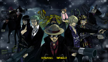 HD desktop wallpaper featuring characters from One Piece Film: Gold, including Brook, Franky, Tony Tony Chopper, Sanji, Roronoa Zoro, Nico Robin, and Monkey D. Luffy, against a night sky background.